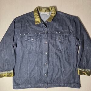 Erica Brooke Collection Studded Satin Trim Black Denim Jacket Plus 24